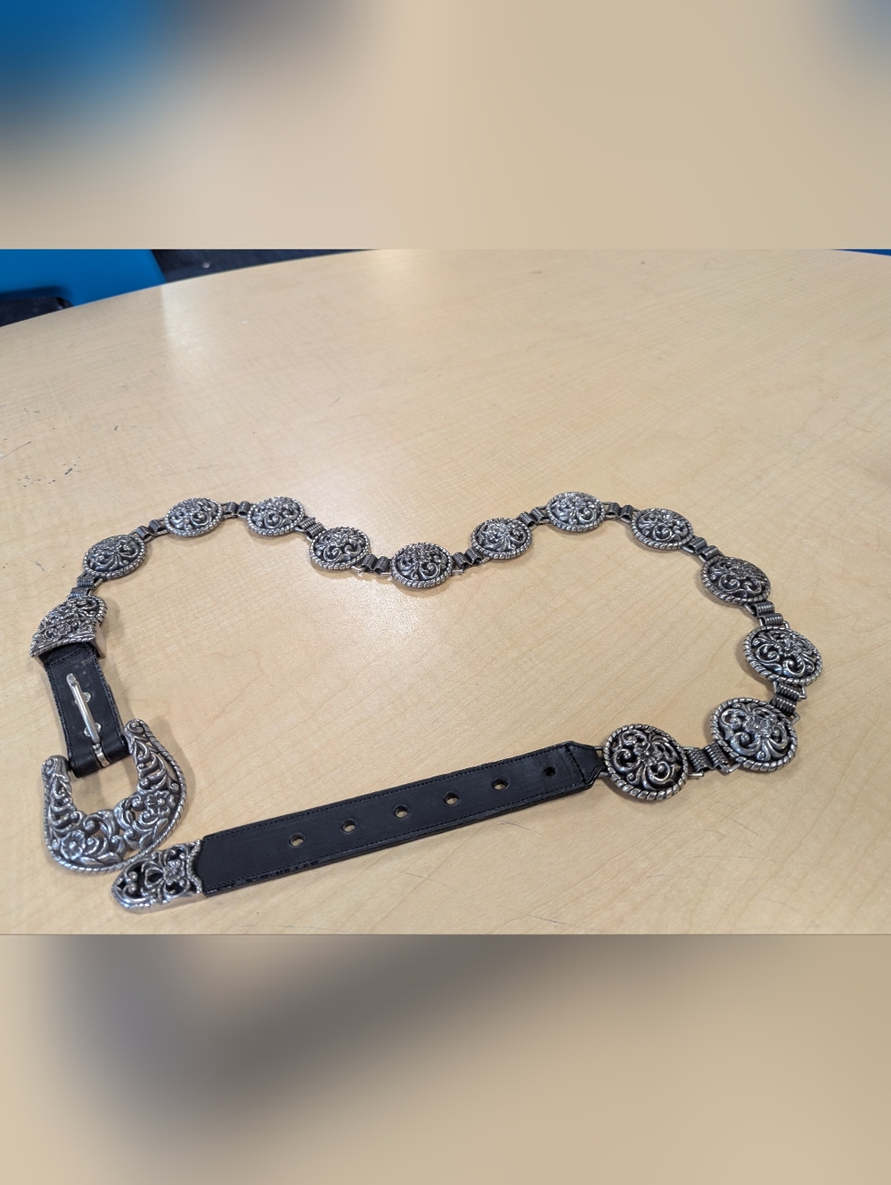 Western Style Silver Concho Belt with Black Leather